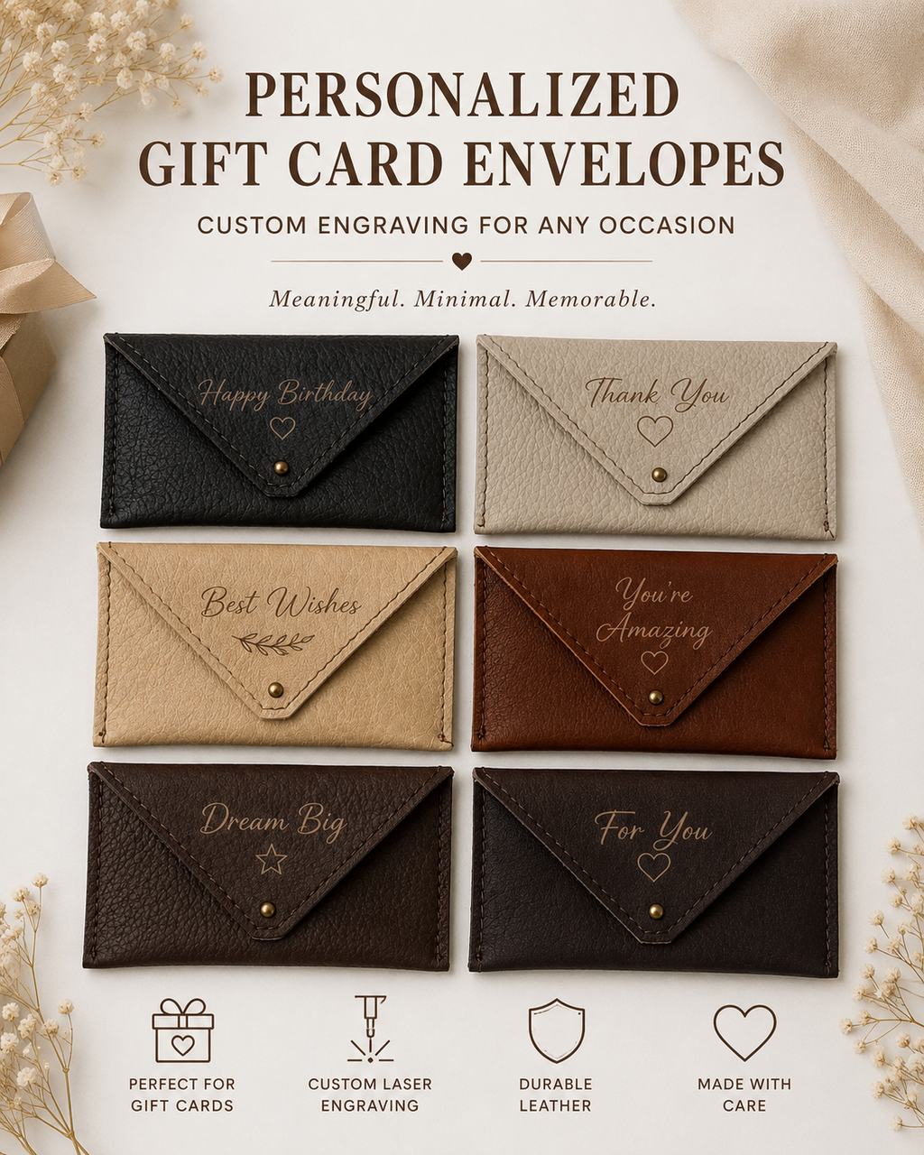 Personalized Gift Card Holder | Custom Engraved Leather Gift Card Envelope