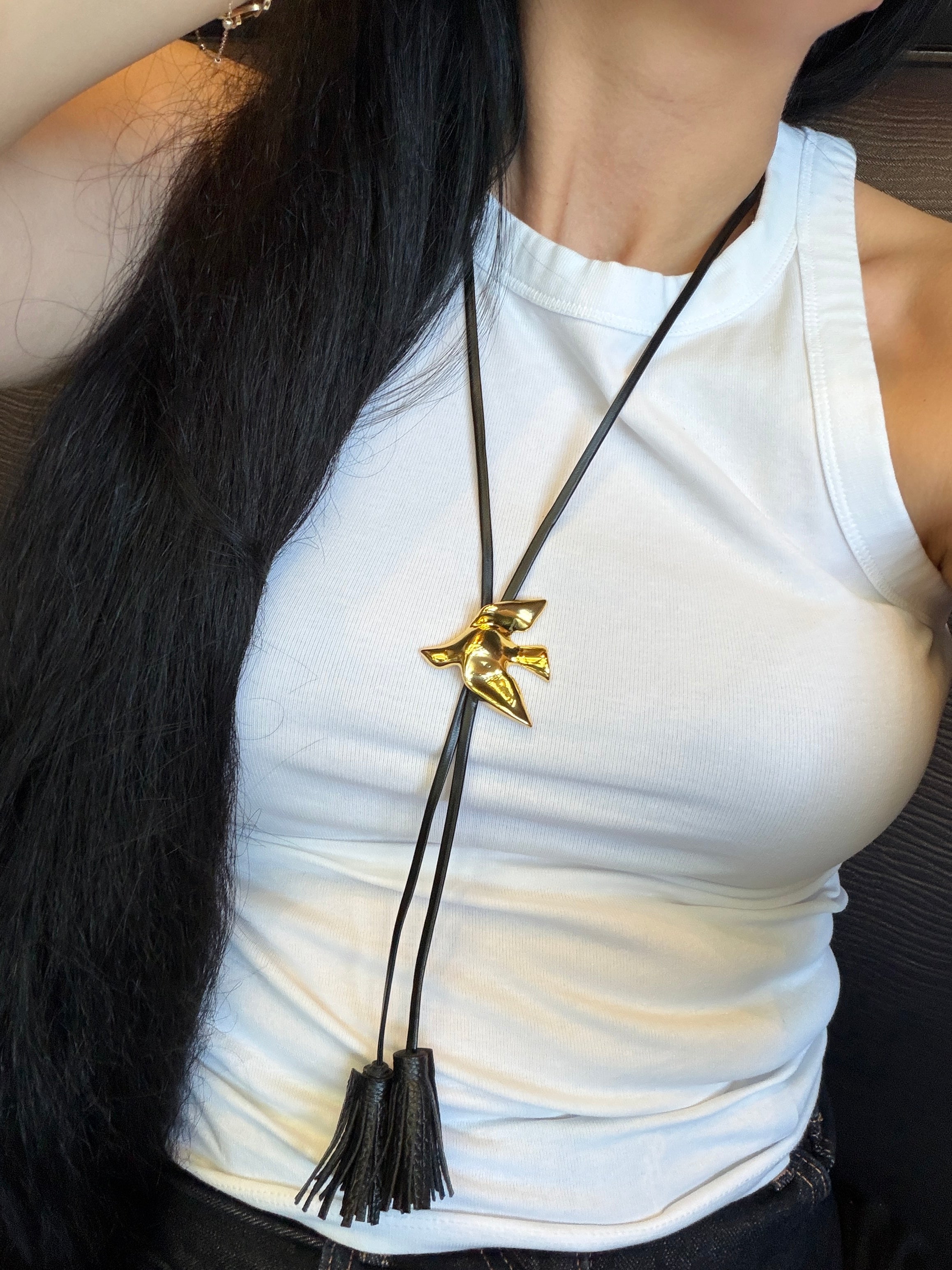 Bird Tassel Pendant Necklace – Long Cord Necklace with Leather Tassels | Available in Silver & Gold | Minimalist Statement Jewelry