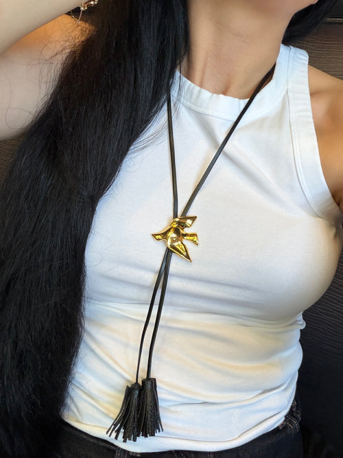 Bird Tassel Pendant Necklace – Long Cord Necklace with Leather Tassels | Available in Silver & Gold | Minimalist Statement Jewelry