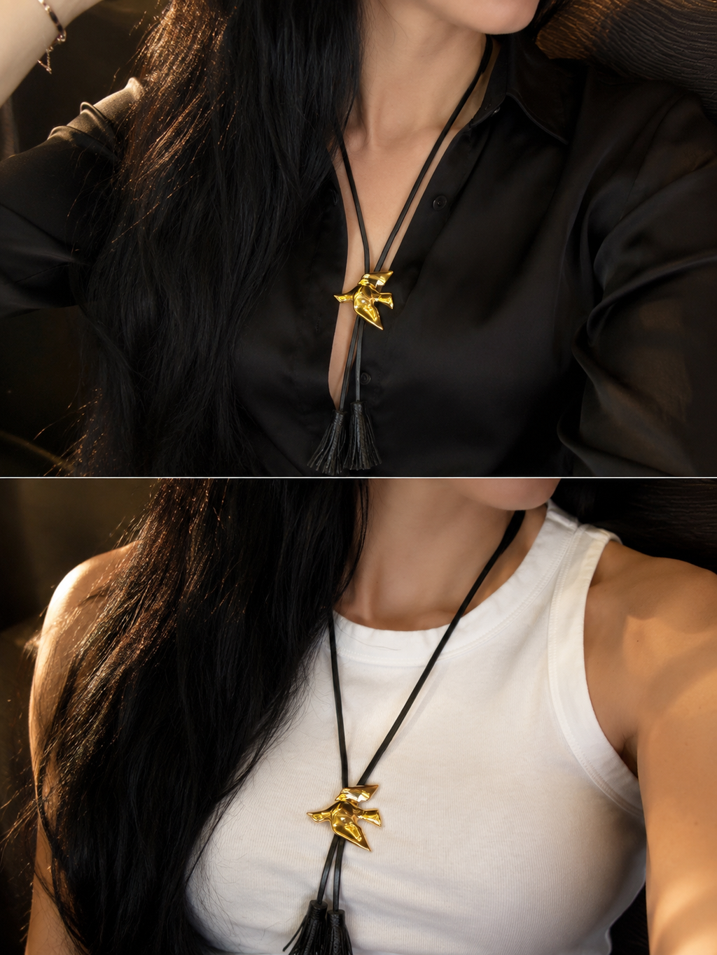 Bird Tassel Pendant Necklace – Long Cord Necklace with Leather Tassels | Available in Silver & Gold | Minimalist Statement Jewelry