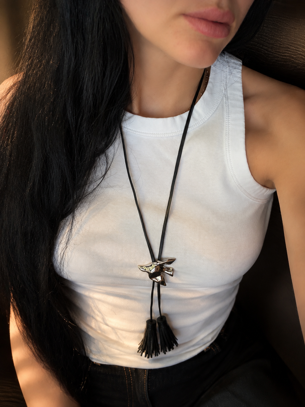 Bird Tassel Pendant Necklace – Long Cord Necklace with Leather Tassels | Available in Silver & Gold | Minimalist Statement Jewelry