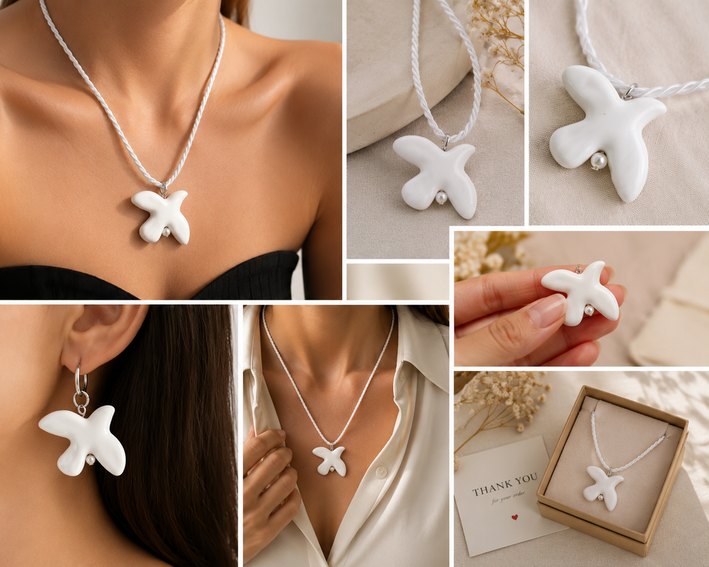 Black & White Dove Jewelry Set – Necklace & Earrings | Minimalist Gift for Her