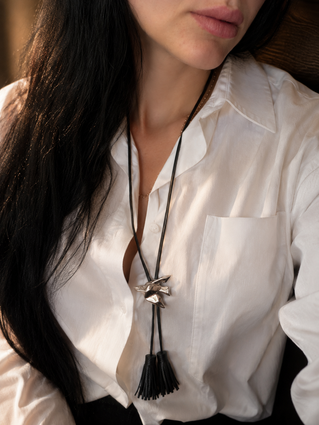 Bird Tassel Pendant Necklace – Long Cord Necklace with Leather Tassels | Available in Silver & Gold | Minimalist Statement Jewelry