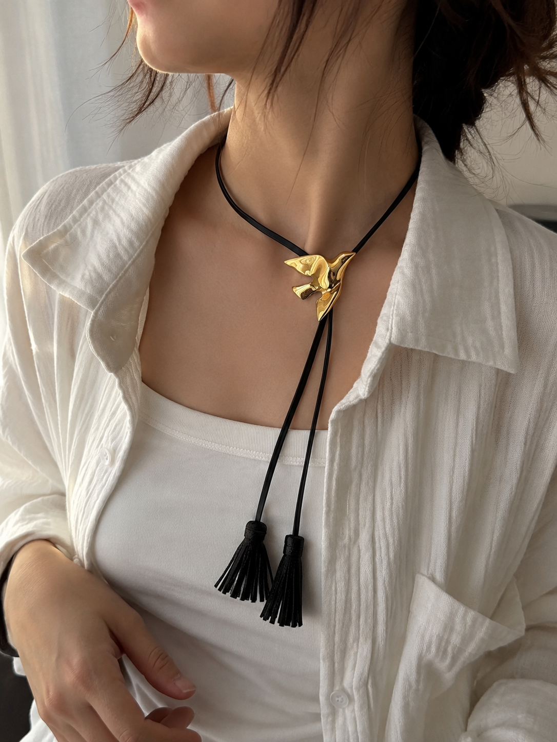 Bird Tassel Pendant Necklace – Long Cord Necklace with Leather Tassels | Available in Silver & Gold | Minimalist Statement Jewelry