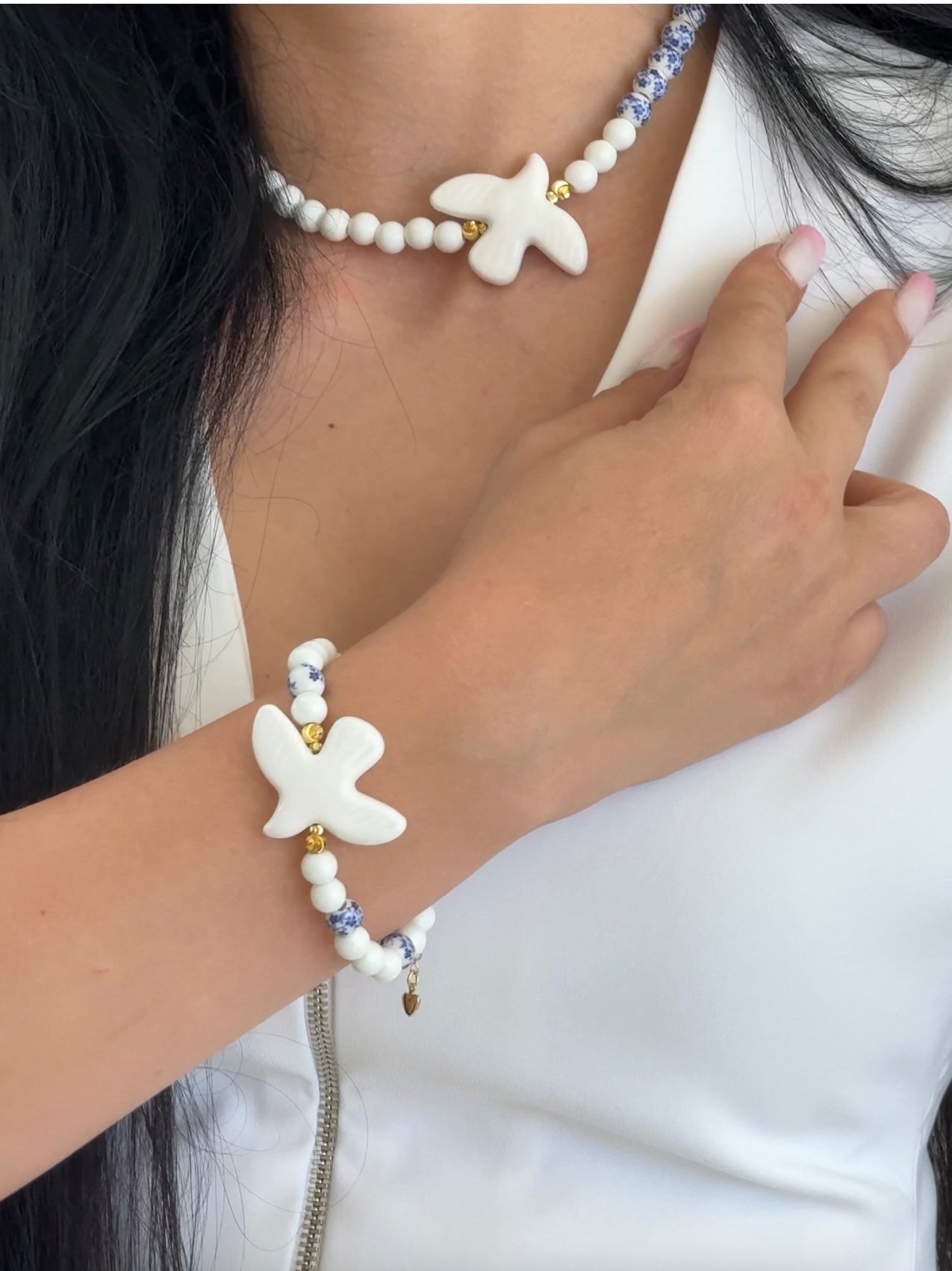 White Dove Necklace & Bracelet Set | Handmade Beaded Jewelry Gift for Her