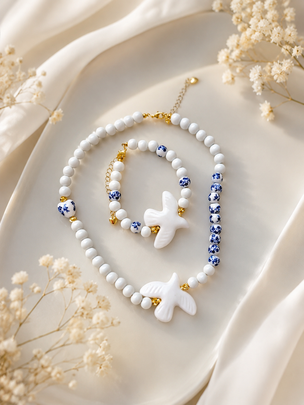 White Dove Necklace & Bracelet Set | Handmade Beaded Jewelry Gift for Her