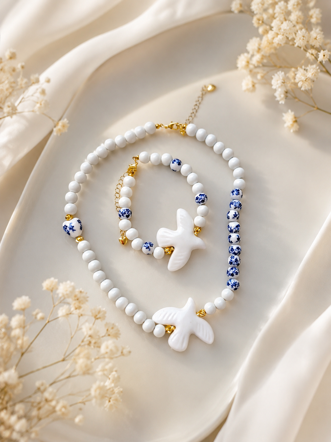 White Dove Necklace & Bracelet Set | Handmade Beaded Jewelry Gift for Her