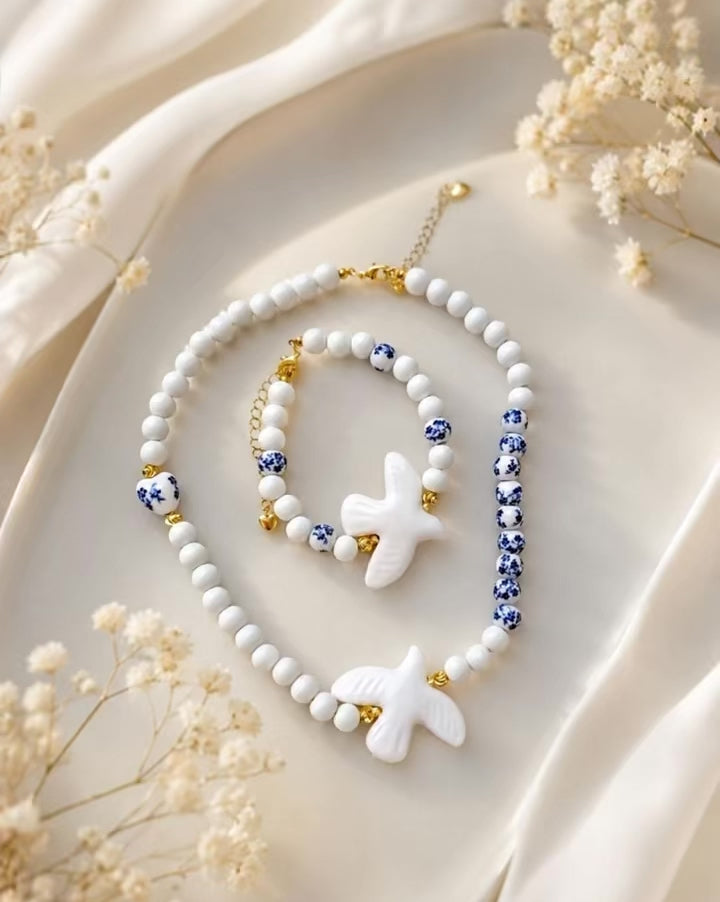 White Dove Necklace & Bracelet Set | Handmade Beaded Jewelry Gift for Her